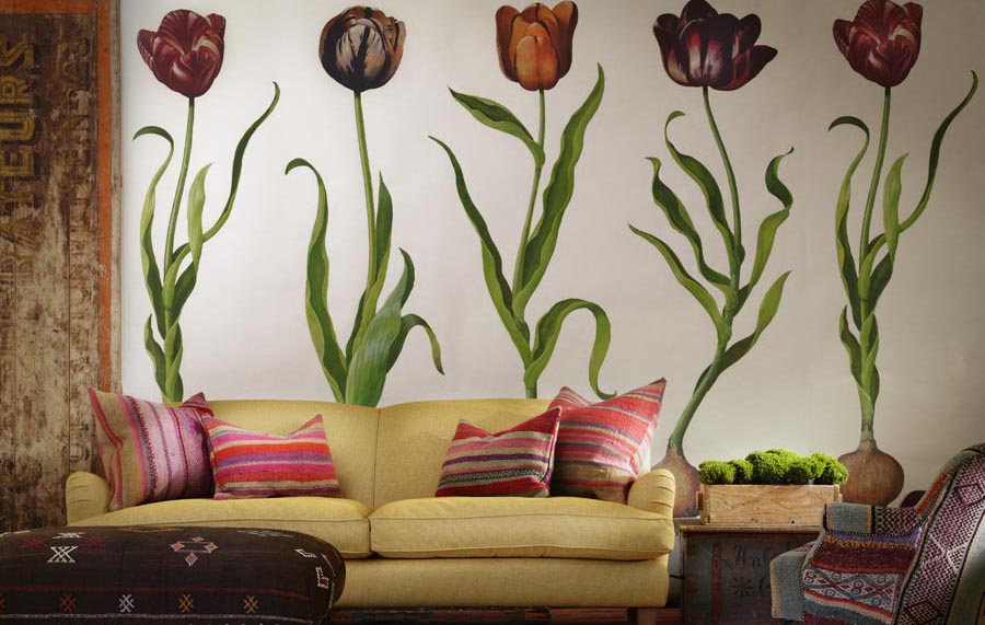TulipsWallpaper_AndeanCushions_ClaraCustomSofain NevadaEagle_VictoriaCustomChairAndean